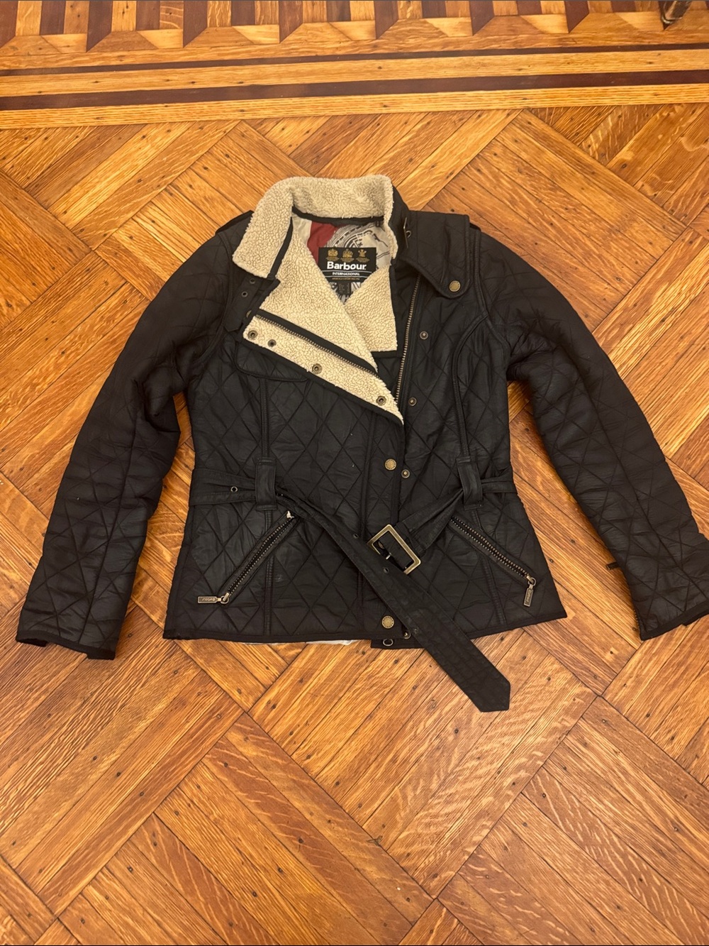 Vintage Barbour Black Quilted moto Jacket with Cream Shearling Trim